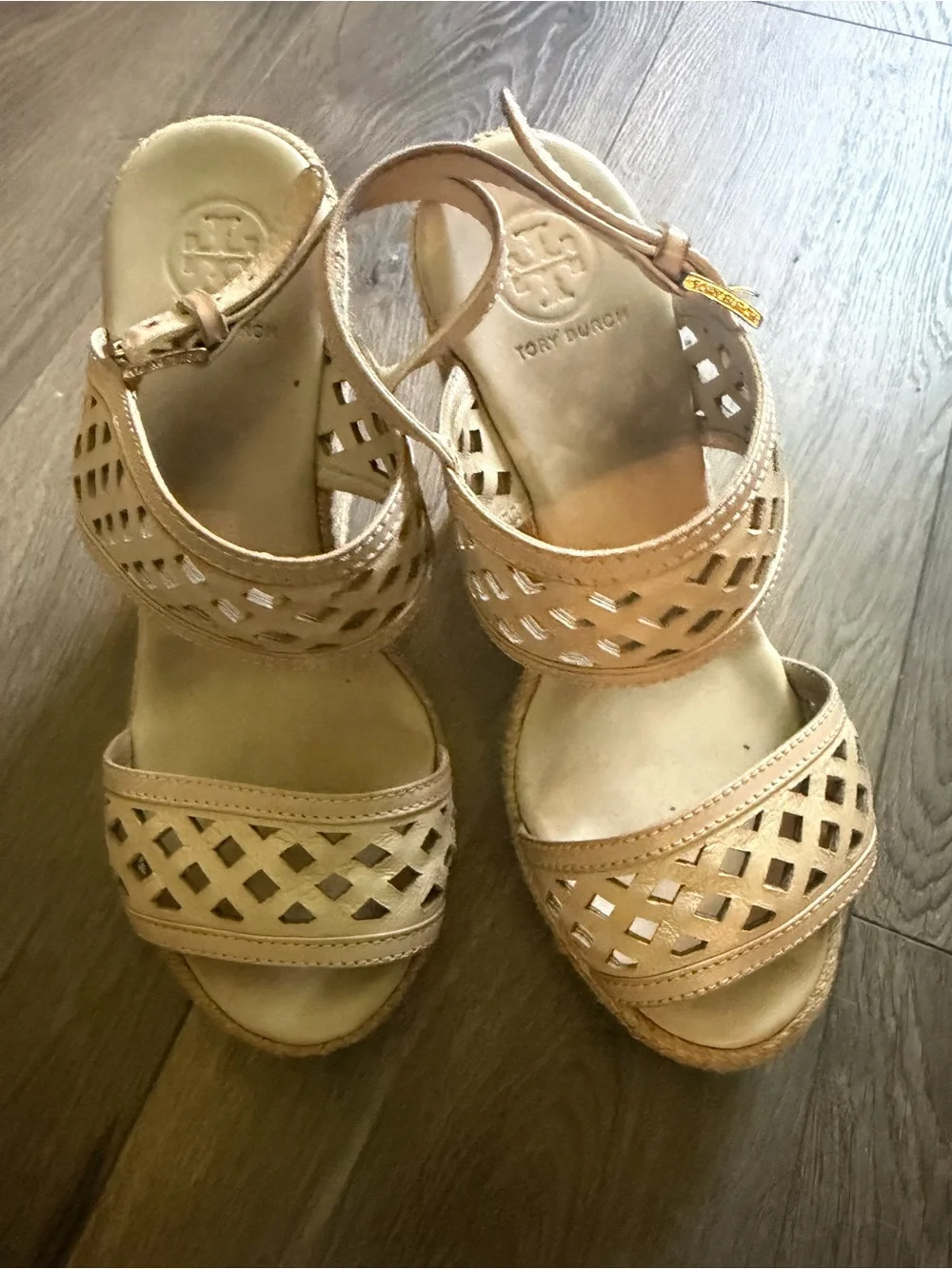 Tory Burch Nude Laser-Cut Wedge Sandals